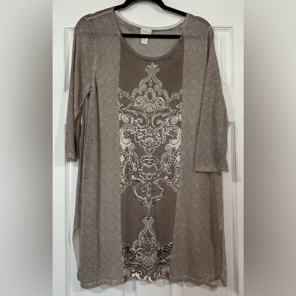 Chico's Women's Sweater Tunic Size 12/14 Tan/Creme Embelished Comfort